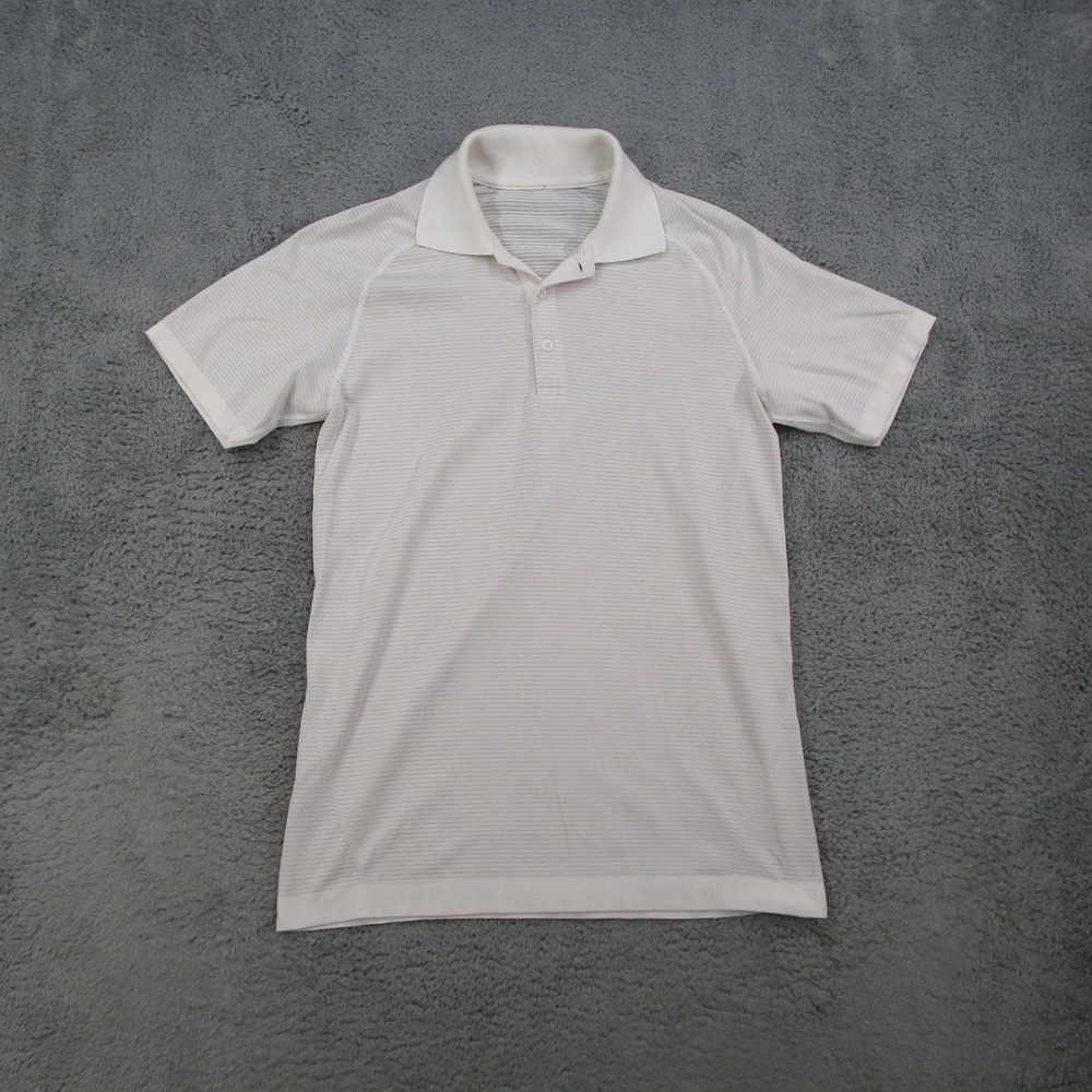 Lululemon Metal Vent Tech Polo Shirt Mens White Grey Stripe Short Sleeve Sport